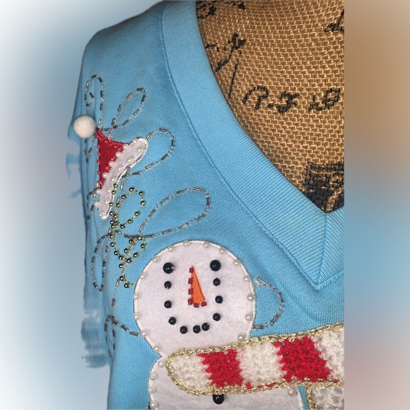 Quacker Factory Festive Beaded Embroidered Light Blue Snowman Santa Sweater 3X - Picture 5 of 11